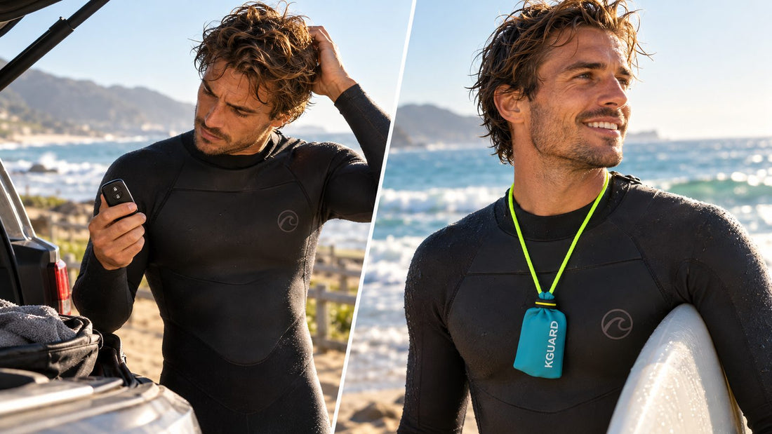 Surfista con la llave del coche segura dentro de KGUARD Key Pouch, colgada del cuello.