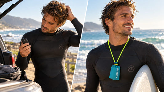 Surfista con la llave del coche segura dentro de KGUARD Key Pouch, colgada del cuello.